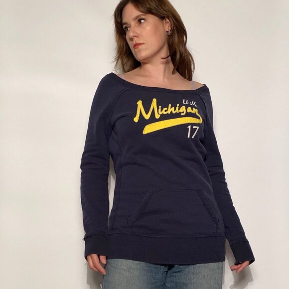 Vintage Y2K University of Michigan Boat Neck Tunic Sweatshirt w Kangaroo Pockets - Picture 5 of 11